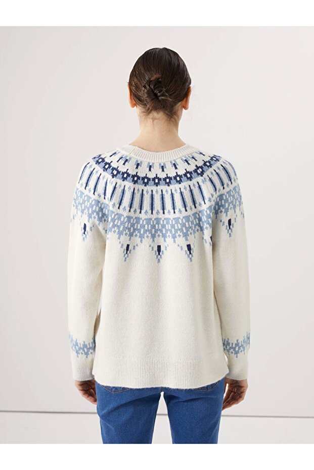 Lcwaıkıkı Basic Ekru Bisiklet Yaka Desenli Kadın Triko Kazak - 4