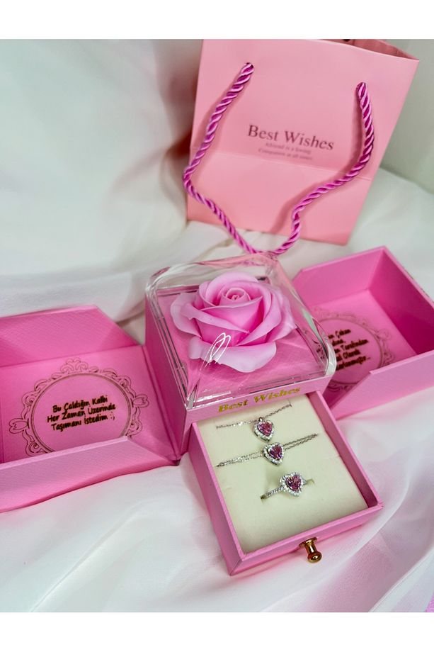 925ayar Gümüş Pandora’s Pembe Taşlı Kalpli Set - Özel Gül Takı Kutusu İle Birlikte - 3