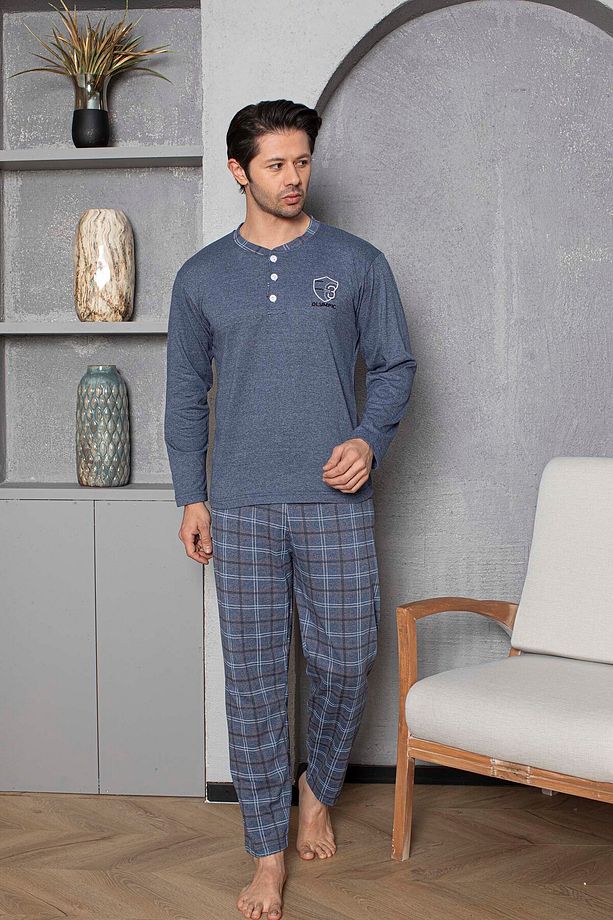 Erkek Penye Indigo Mavisi Uzun Kollu Altı Ekoseli Pijama Takımı - 2