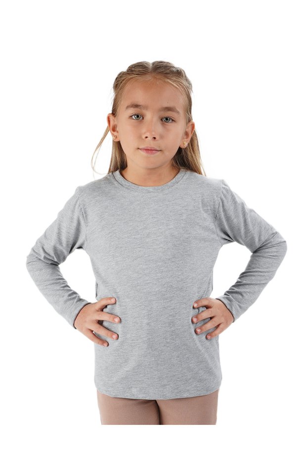 Unisex Girls and Boys Badi Crew Neck Long Sleeve Gray T-Shirt