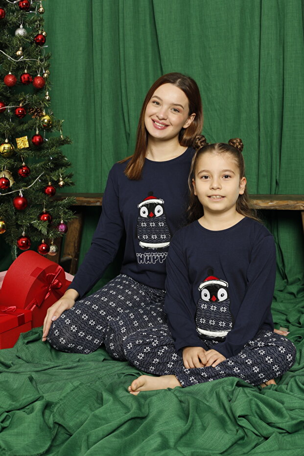 Lacivert Penguen Desenli Pamuklu Likralı Pijama Takım - 1