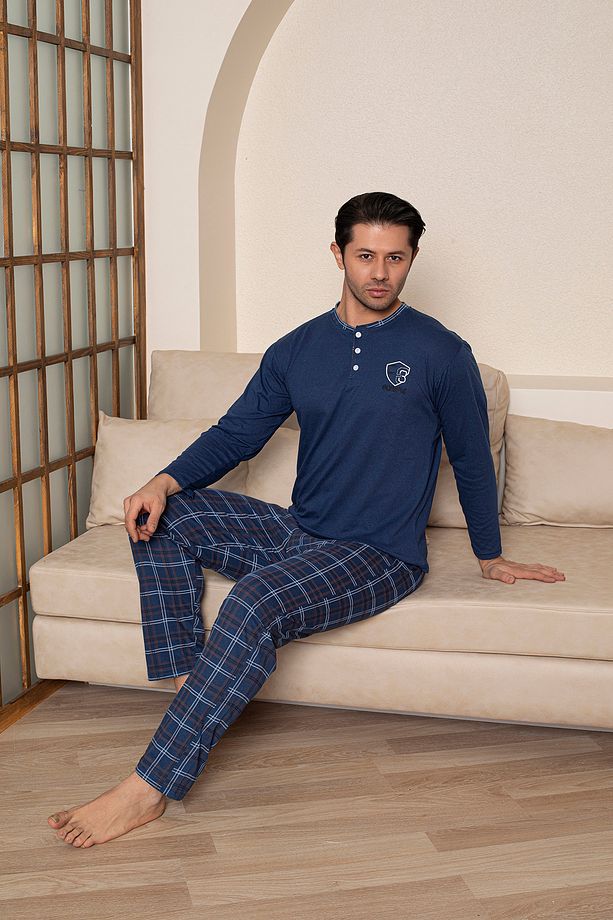 Erkek Penye İndigo Uzun Kollu Altı Ekoseli Pijama Takımı - 1