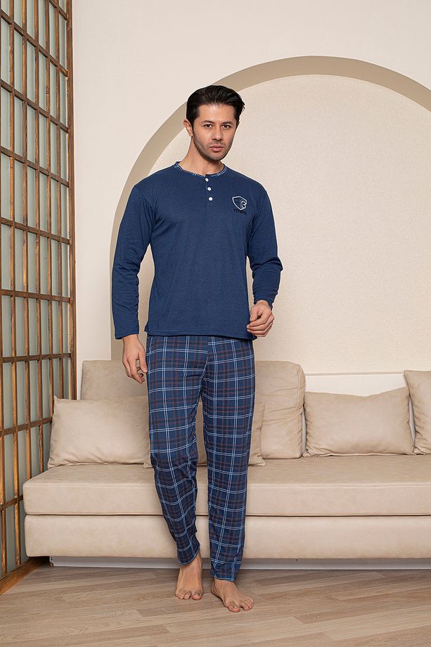 Erkek Penye İndigo Uzun Kollu Altı Ekoseli Pijama Takımı - 2