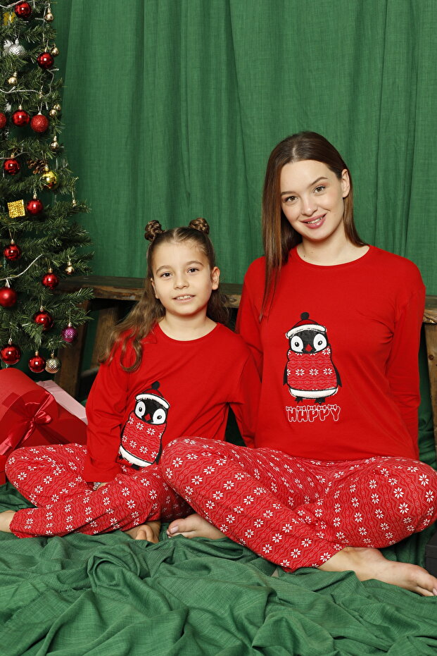 Kırmızı Penguen Desenli Pamuklu Likralı Pijama Takım - 1