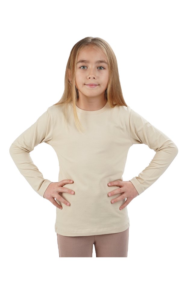Unisex Girls and Boys Badi Crew Neck Long Sleeve Beige T-Shirt