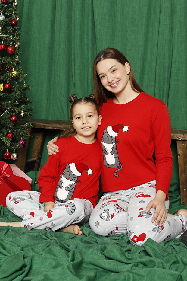 Kırmızı Kedi Desenli Pamuklu Likralı Pijama Takım - 1