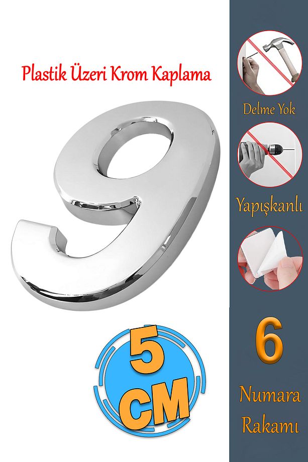 Yapışkanlı Kapı Numarası Küçük Boy 50 mm 5 cm Numara 9 Rakam Dokuz Sayı Krom Renk Numaralar 1 Adet - 1