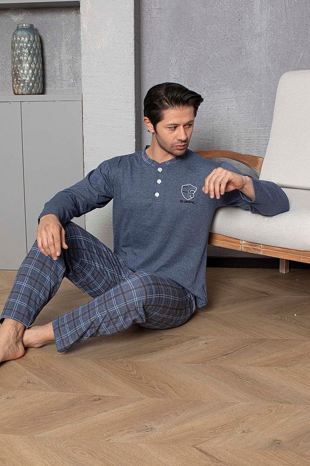 Erkek Penye Indigo Mavisi Uzun Kollu Altı Ekoseli Pijama Takımı - 1