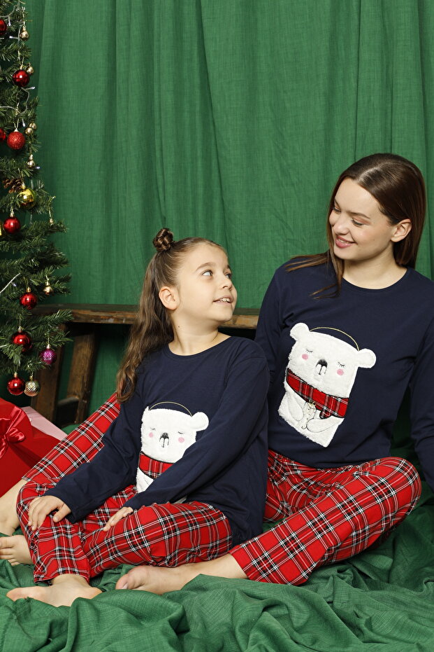 Navy Blue Bear Patterned Cotton Lycra Pajamas Set