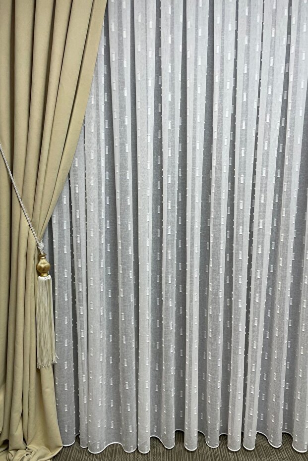 Pompom Patterned Foldet Linen Tulle Curtain Without Pleat - 4