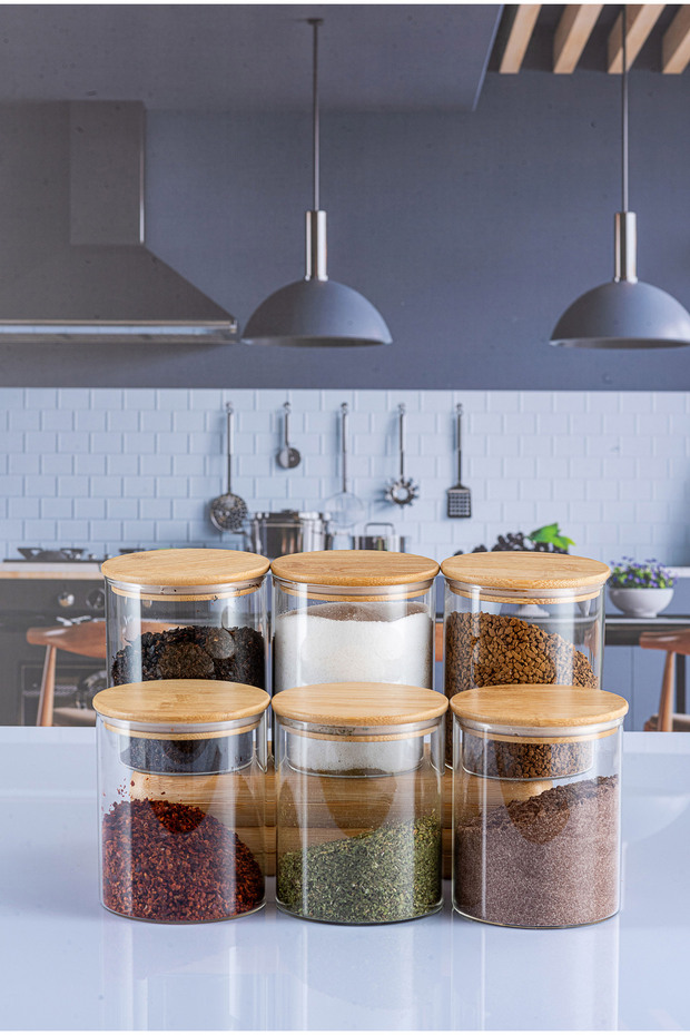 6 Adet 600 ML Bambu Kapaklı Lüks Yuvarlak Baharatlık Seti - 1