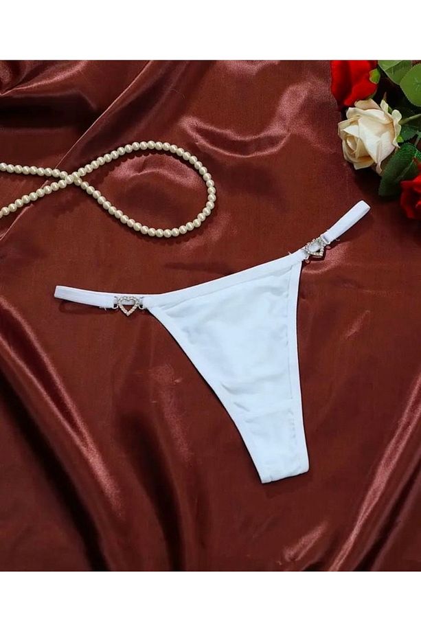 Kadın Taşlı Kalp Aksesuarlı Seksi String Külot - 1
