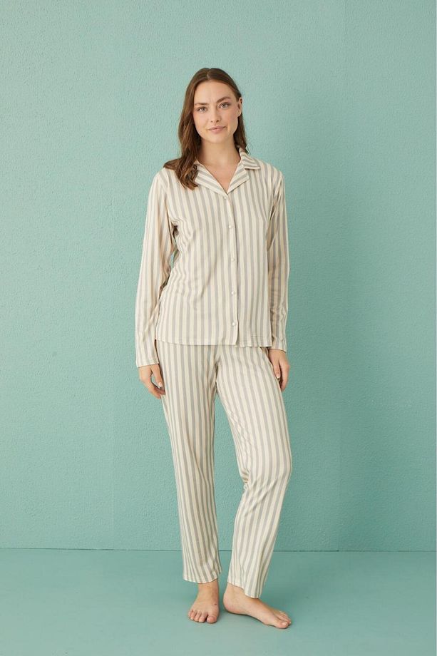 Kadın 50701-091 Önü Düğmeli Süet Pijama Takımı GRİ - 1