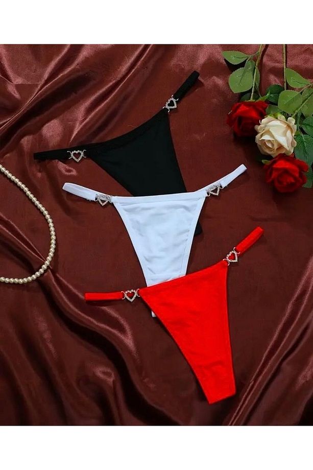 Kadın Taşlı Kalp Aksesuarlı Seksi String Külot - 3