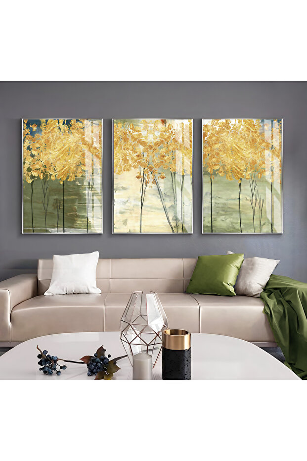 Hari̇kabi̇rev | Gold-Green Tree Patterned Combination | Framed Glass Table 3 Pieces Vertical