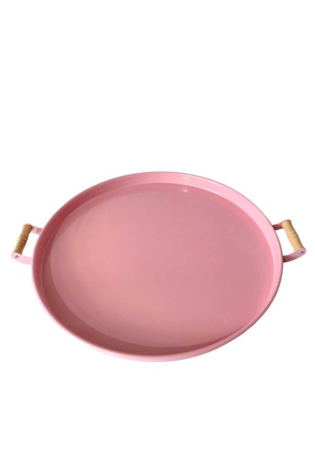 Ahşap Kulplu 50 Cm Yuvarlak Metal Tepsi Kahvaltı Çay Kahve Sunum Tepsisi - 3