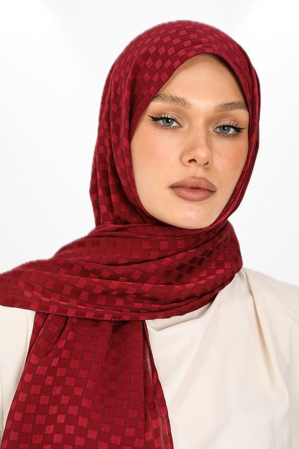 İthal Jakar Krep Kare Detaylı Abiye Özel Gün Şalı - New Collections - New Creation - Bordo - 4