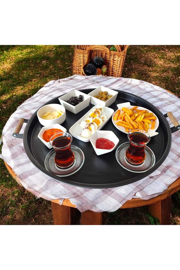 Ahşap Kulplu 50 Cm Yuvarlak Metal Tepsi Kahvaltı Çay Kahve Sunum Tepsisi - 1