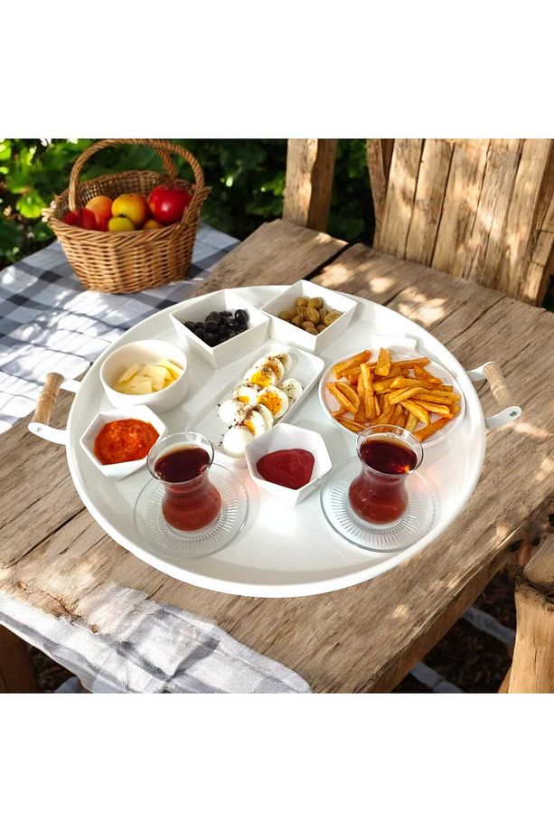 Ahşap Kulplu 50 Cm Yuvarlak Metal Tepsi Kahvaltı Çay Kahve Sunum Tepsisi - 1