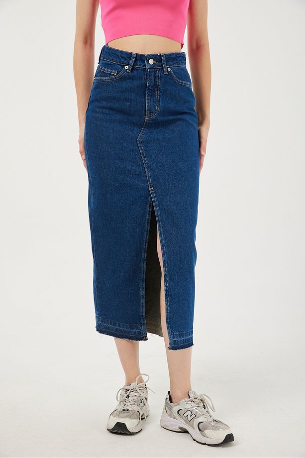 Kadın Yırtmaç Detaylı Bilek Üstü Yüksek Bel Denim Etek Lacivert - 6