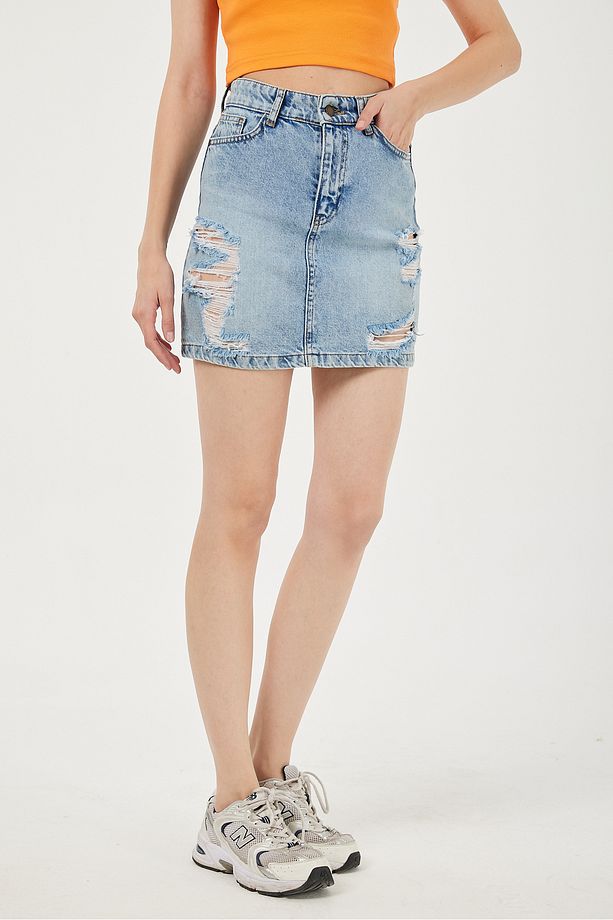 Kadın Yüksek Bel Yırtık Detaylı  Mini Kot Denim Mavi Etek - 1