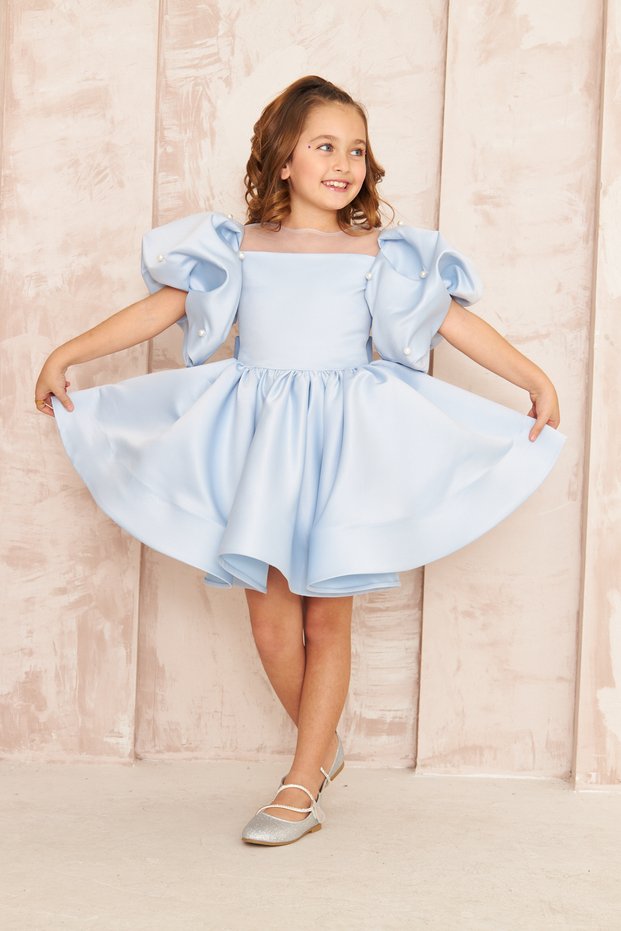 Blue Balloon Sleeve Female Child Evening Dress