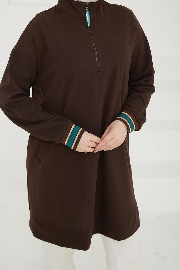 Çift Cepli Yarım Fermuarlı Tunik - Acı Kahve - 5