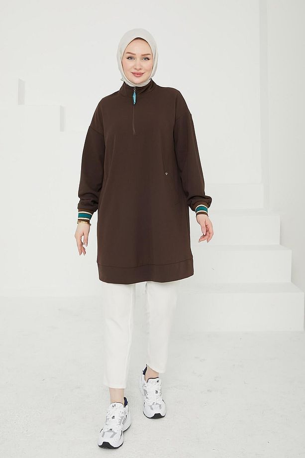 Çift Cepli Yarım Fermuarlı Tunik - Acı Kahve - 2