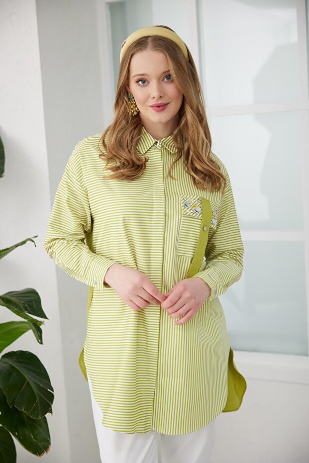 Cebi Pullu Çizgili Gömlek - Asit Sarısı - 2