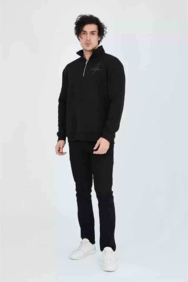 Men's Half Zipper Printed Sweat - Black