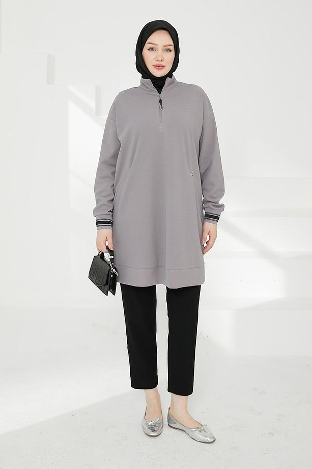 Çift Cepli Yarım Fermuarlı Tunik - Gri - 4