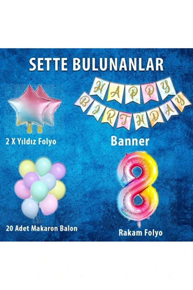 Gökkuşağı Konsepti 8 Yaş Doğum Günü Parti Kutlama Seti Rakam Ve Yıldız Folyo Banner Ve Makaron Balon - 2