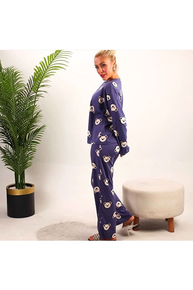 Pandalı Mavi Uzun Kollu Pijama Takımı - 2