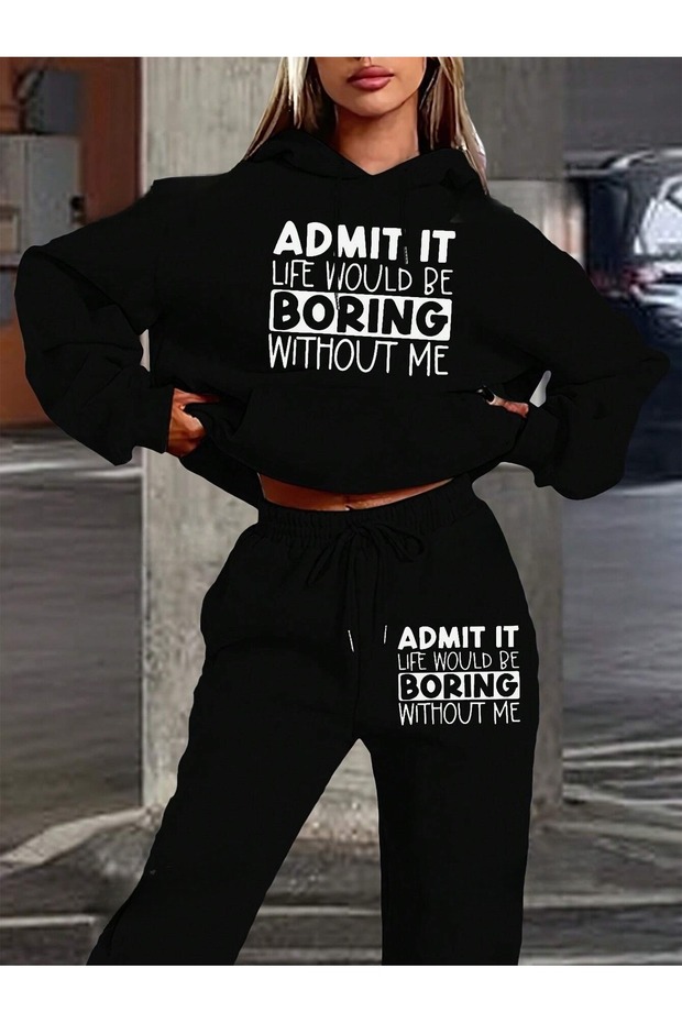 Women's Black Admit Printed Oversize Hooded Hoodie Jogger Suit