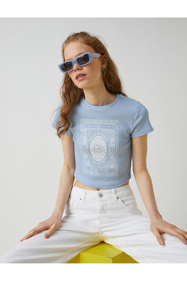 Crop T-Shirt Crew Neck Printed Rib