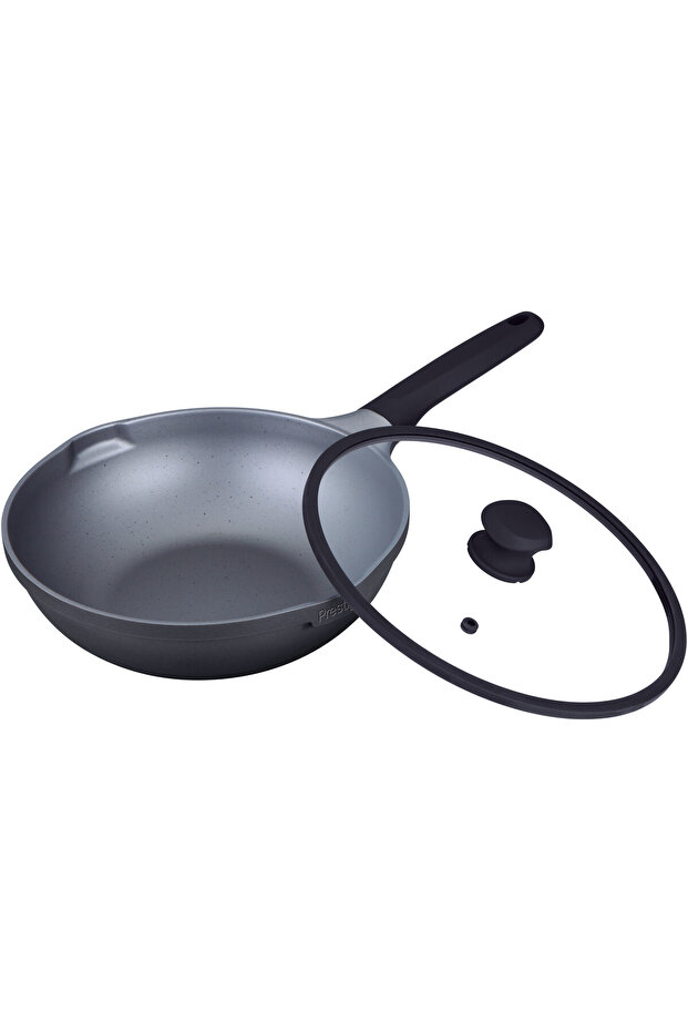 Essential Cast Aluminum black 28cm Wok with Glass Lid