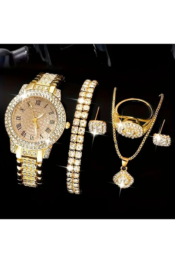 5 Adet Moda Saat ve Takı Seti, Rhinestone Süslemeli - 3