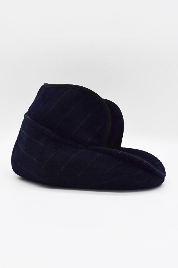 Men's Herringbone Patterned Wool Navy Blue Eared Cap Hat - 4