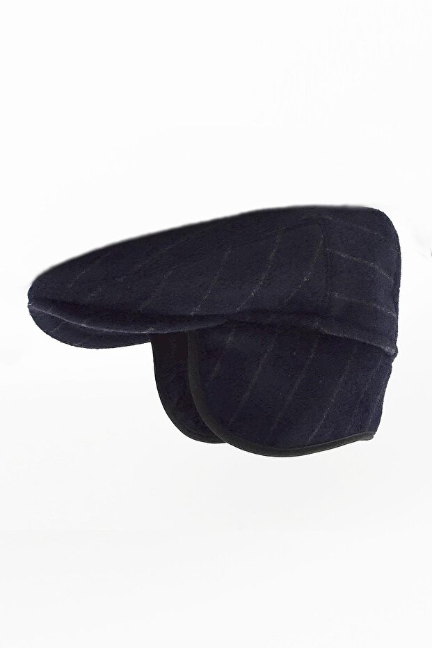Men's Herringbone Patterned Wool Navy Blue Eared Cap Hat - 2