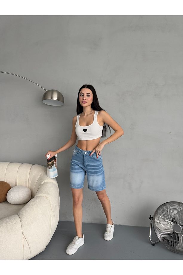 Kadın Efektli Yüksek Bel Bermuda Denim Kot Şort - 6