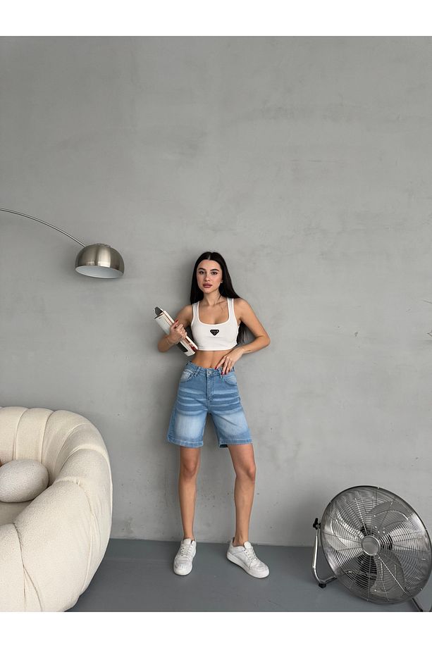 Kadın Efektli Yüksek Bel Bermuda Denim Kot Şort - 5