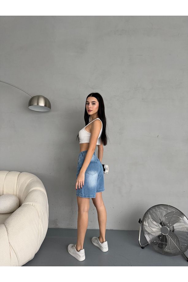 Kadın Efektli Yüksek Bel Bermuda Denim Kot Şort - 7