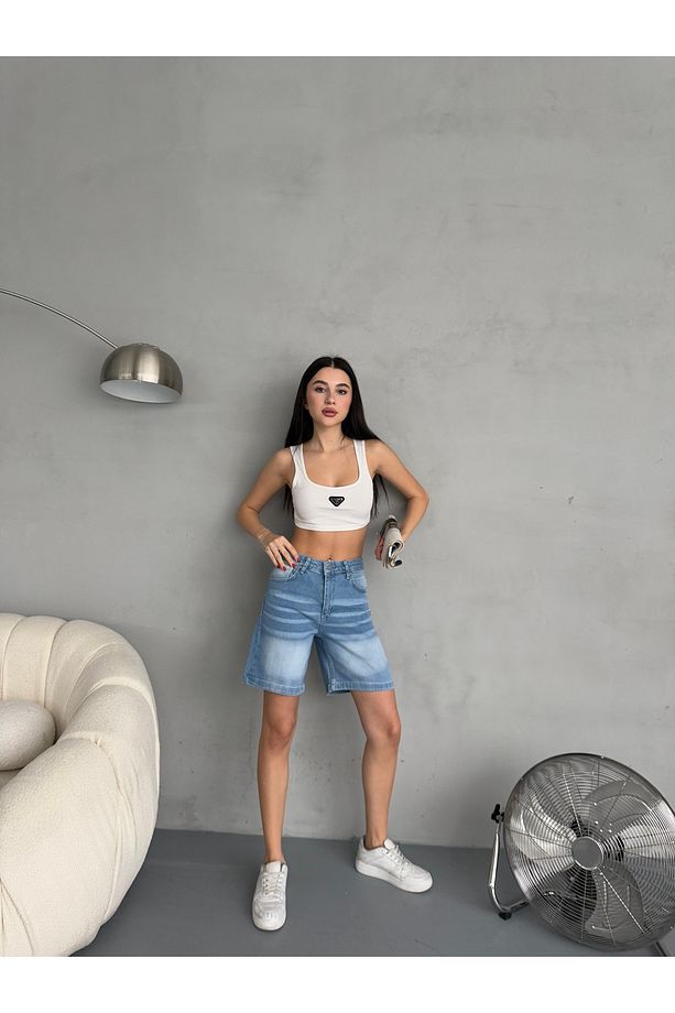 Kadın Efektli Yüksek Bel Bermuda Denim Kot Şort - 8