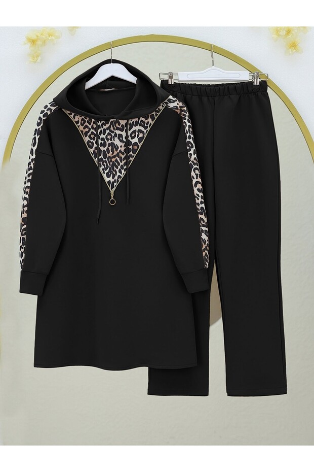 Women's Hooded Zipper Detailed Leopard Patterned Scuba Suit – Black