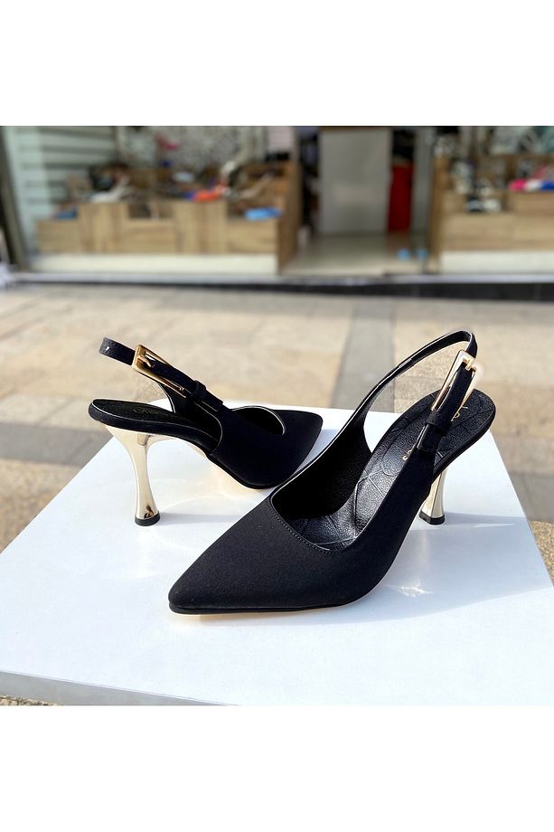 Siyah saten 9 cm topuklu tokalı ayakkabı 01010 - 4