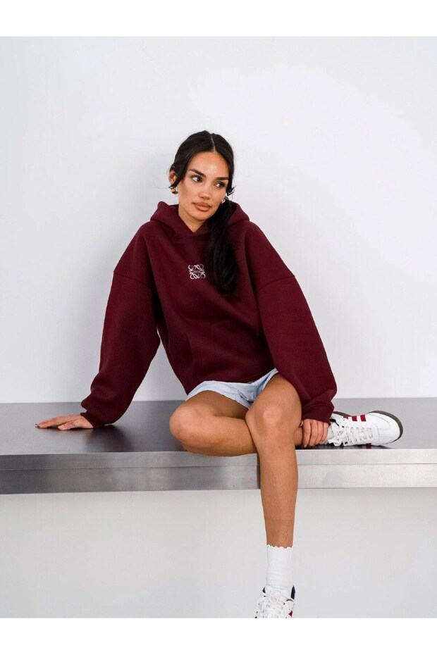 Burgundy Unisex High Printed Hooded Kangaroo Pocket Oversize Hoodie