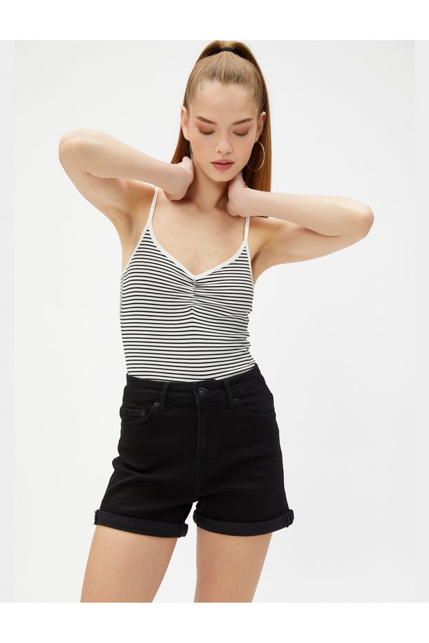 Crop Tank Top with Straps V-Neck Gather Detailed