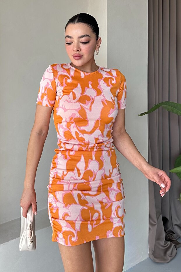 Women's Crew Neck Short Sleeve Orange Print Dress