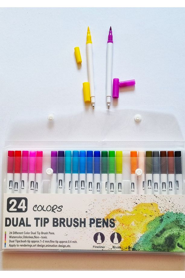24 Renk Çift Uçlu Dual Tip Brush Pen Fırça Uçlu & Fineliner Sanat Kalemi - 4