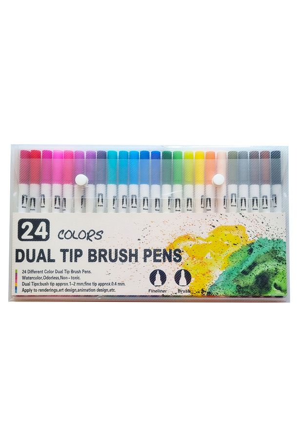 24 Renk Çift Uçlu Dual Tip Brush Pen Fırça Uçlu & Fineliner Sanat Kalemi - 1